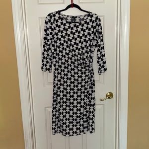 Talbots Medium, faux wrap dress in black and white.